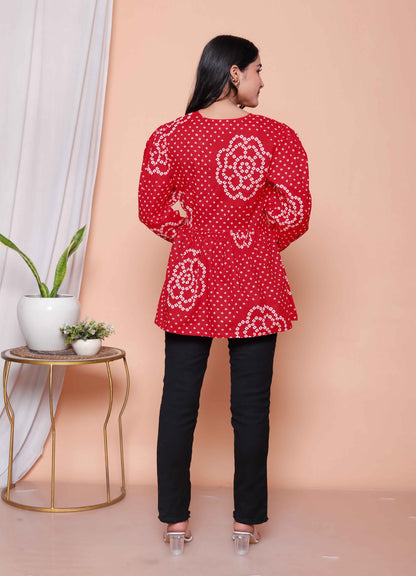 Miravan Womens Red Bandhani Printed cotton Butterfly Design  Top