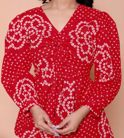 Miravan Womens Red Bandhani Printed cotton Butterfly Design  Top