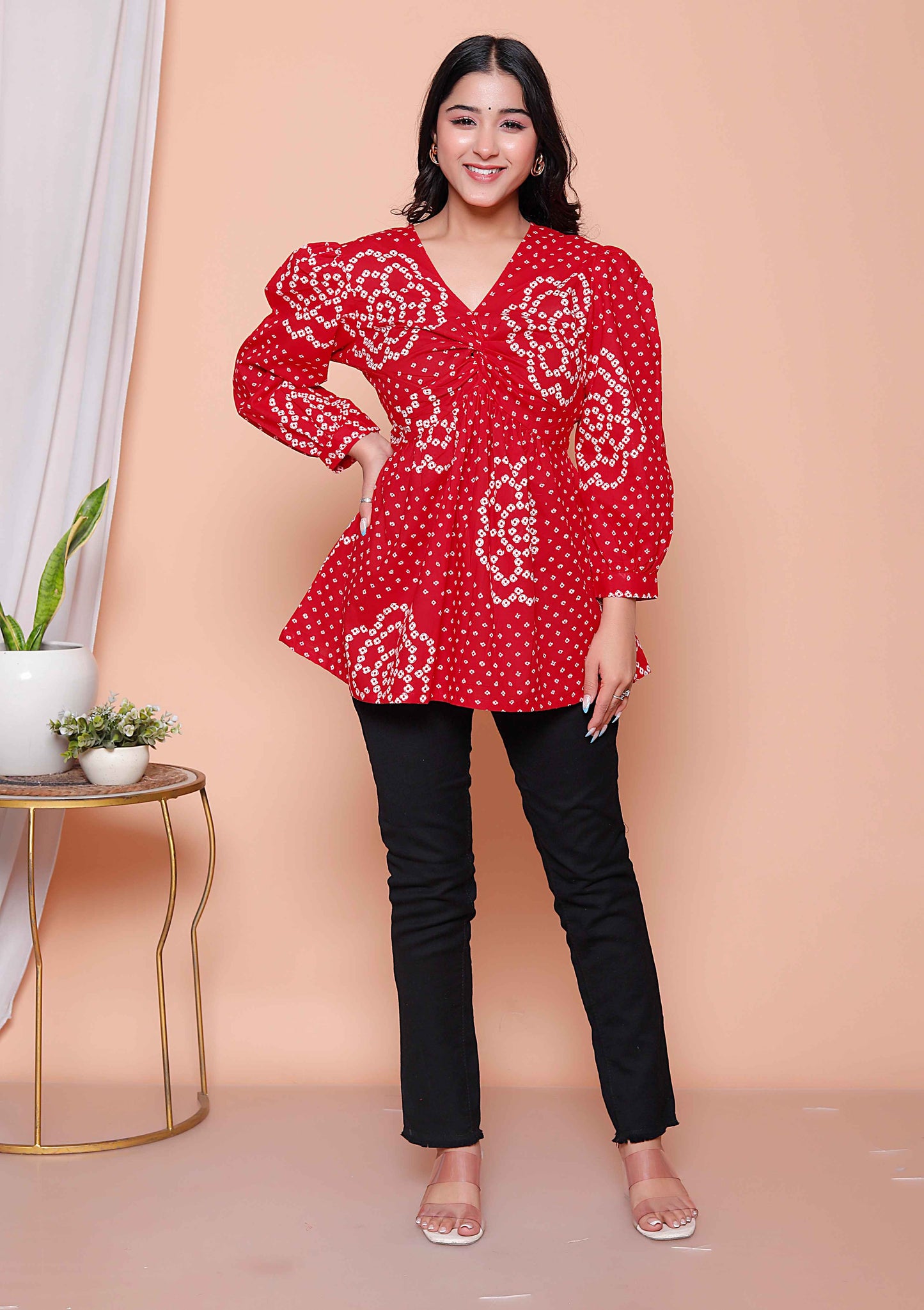 Miravan Womens Red Bandhani Printed cotton Butterfly Design  Top
