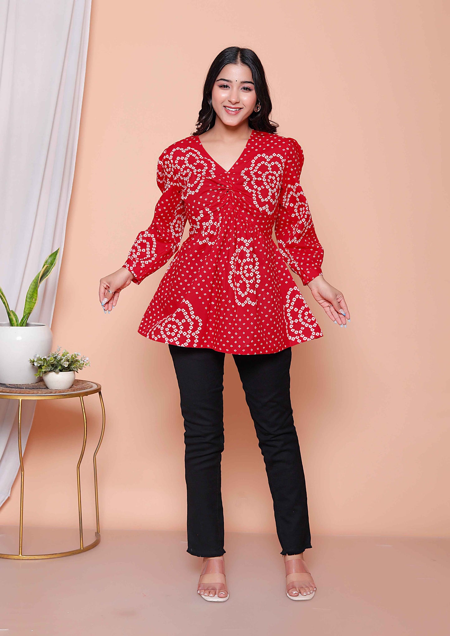 Miravan Womens Red Bandhani Printed cotton Butterfly Design  Top