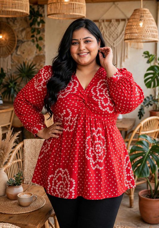 Miravan Womens Plus Size Red Bandhani Printed cotton Butterfly Design  Top