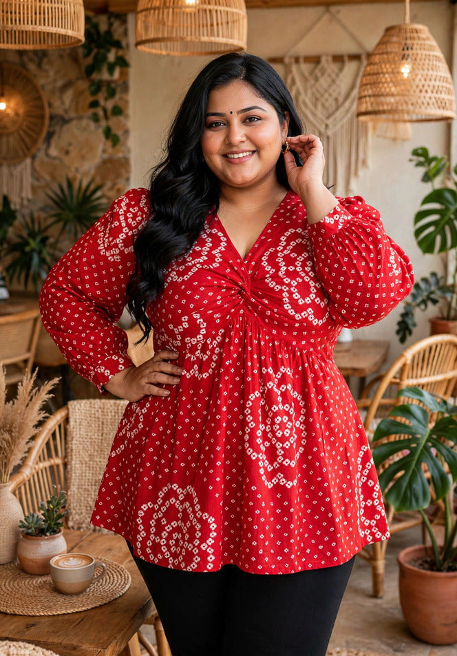 Miravan Womens Plus Size Red Bandhani Printed cotton Butterfly Design  Top