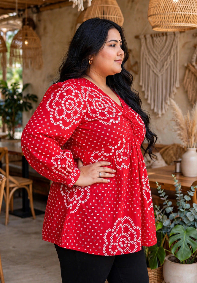 Miravan Womens Plus Size Red Bandhani Printed cotton Butterfly Design  Top