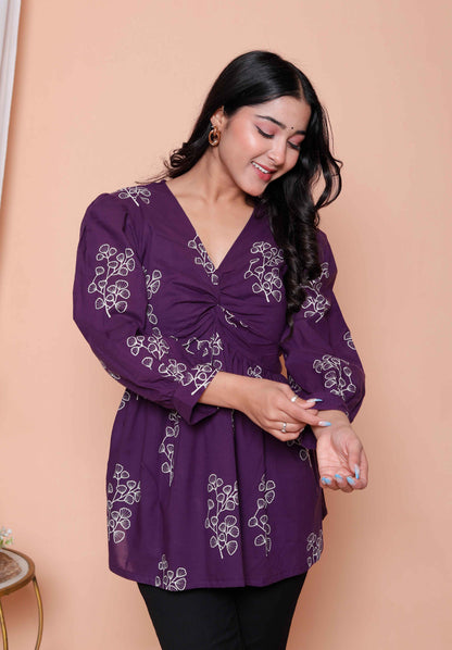 Miravan Womens Cotton  Butterfly Style Floral Print V-Neck  Top