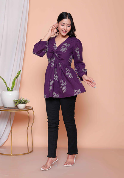 Miravan Womens Cotton  Butterfly Style Floral Print V-Neck  Top