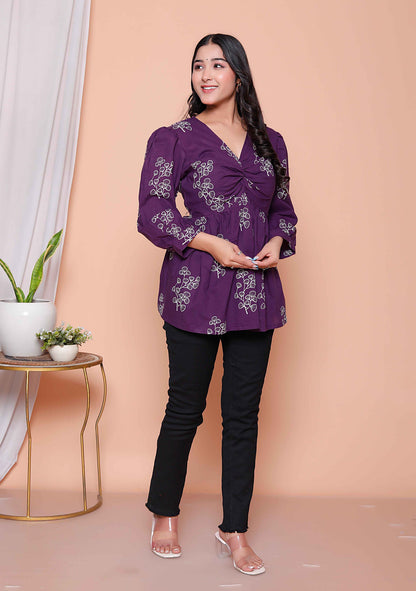 Miravan Womens Cotton  Butterfly Style Floral Print V-Neck  Top