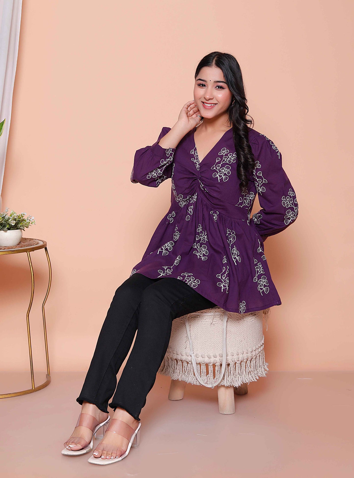 Miravan Womens Cotton  Butterfly Style Floral Print V-Neck  Top