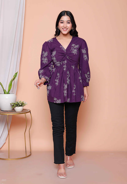 Miravan Womens Cotton  Butterfly Style Floral Print V-Neck  Top