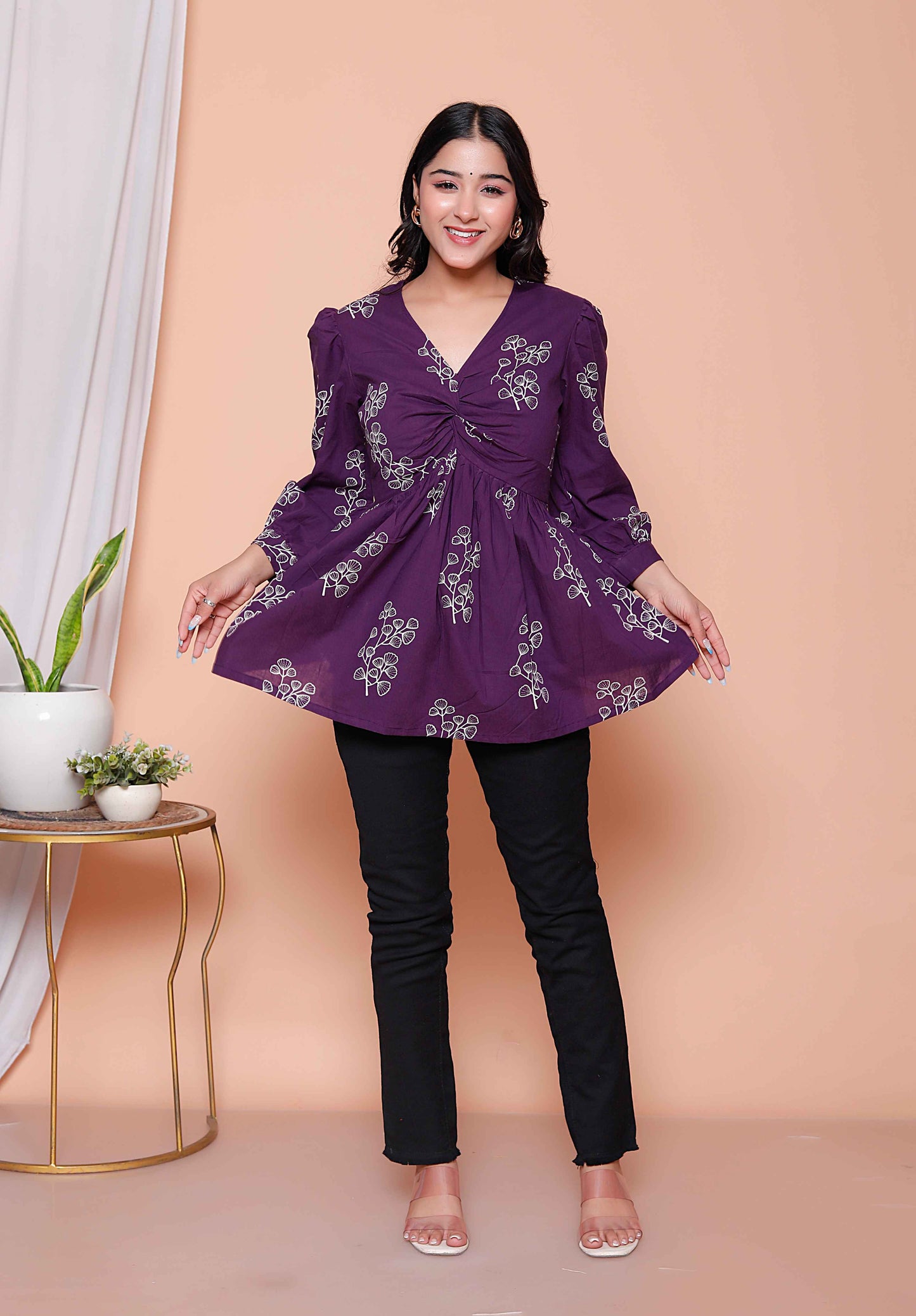 Miravan Womens Cotton  Butterfly Style Floral Print V-Neck  Top