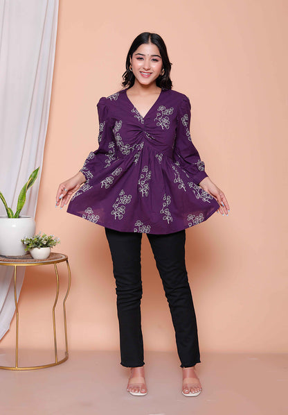 Miravan Womens Cotton  Butterfly Style Floral Print V-Neck  Top