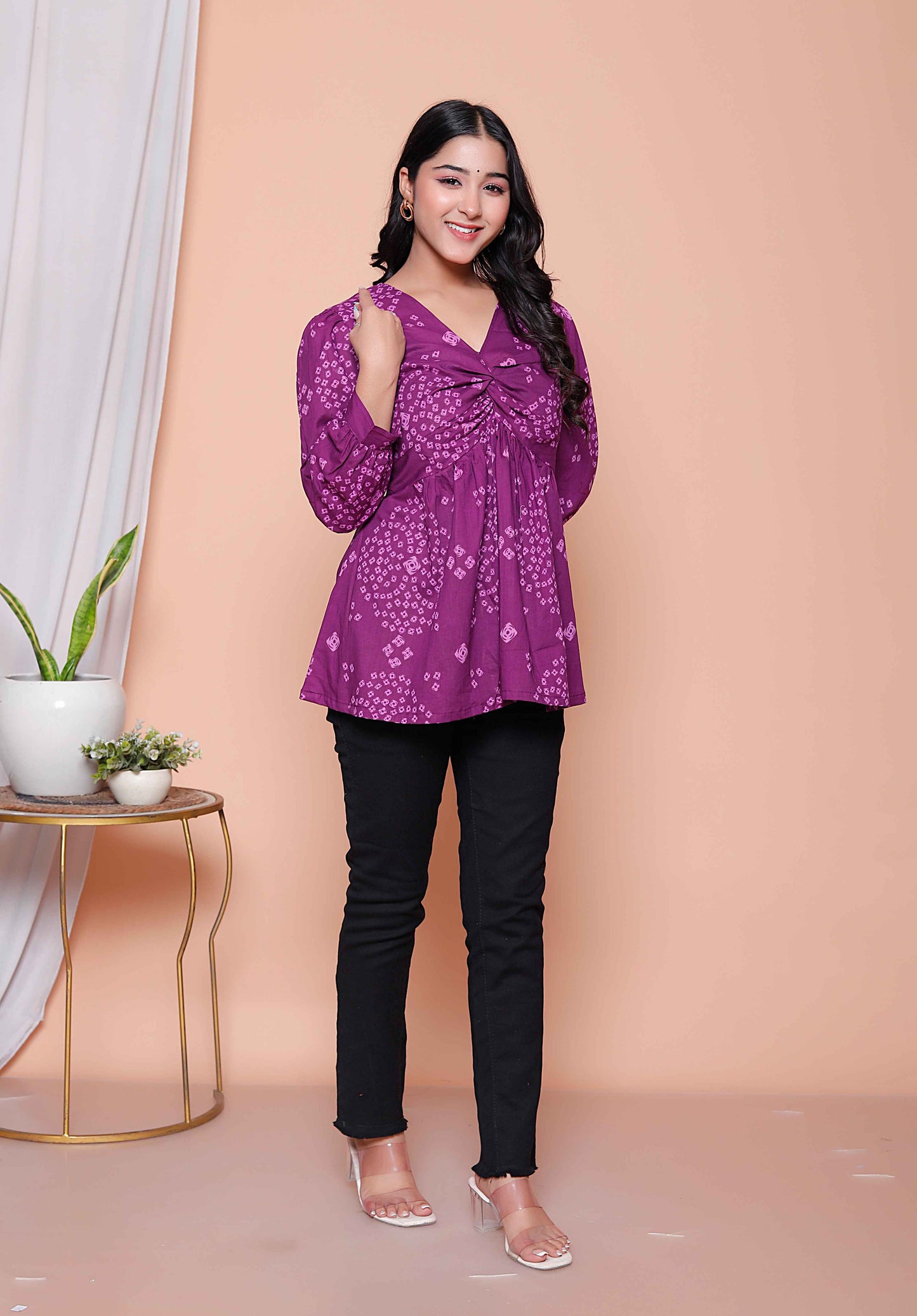 Miravan Womens Purple Bandhani Printed Butterfly Style Top