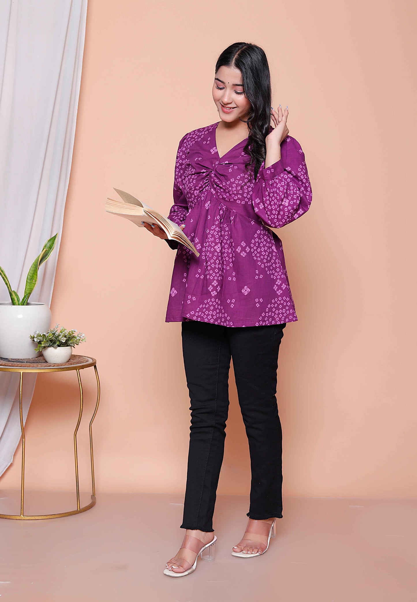 Miravan Womens Purple Bandhani Printed Butterfly Style Top