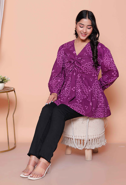 Miravan Womens Purple Bandhani Printed Butterfly Style Top