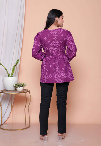 Miravan Womens Purple Bandhani Printed Butterfly Style Top