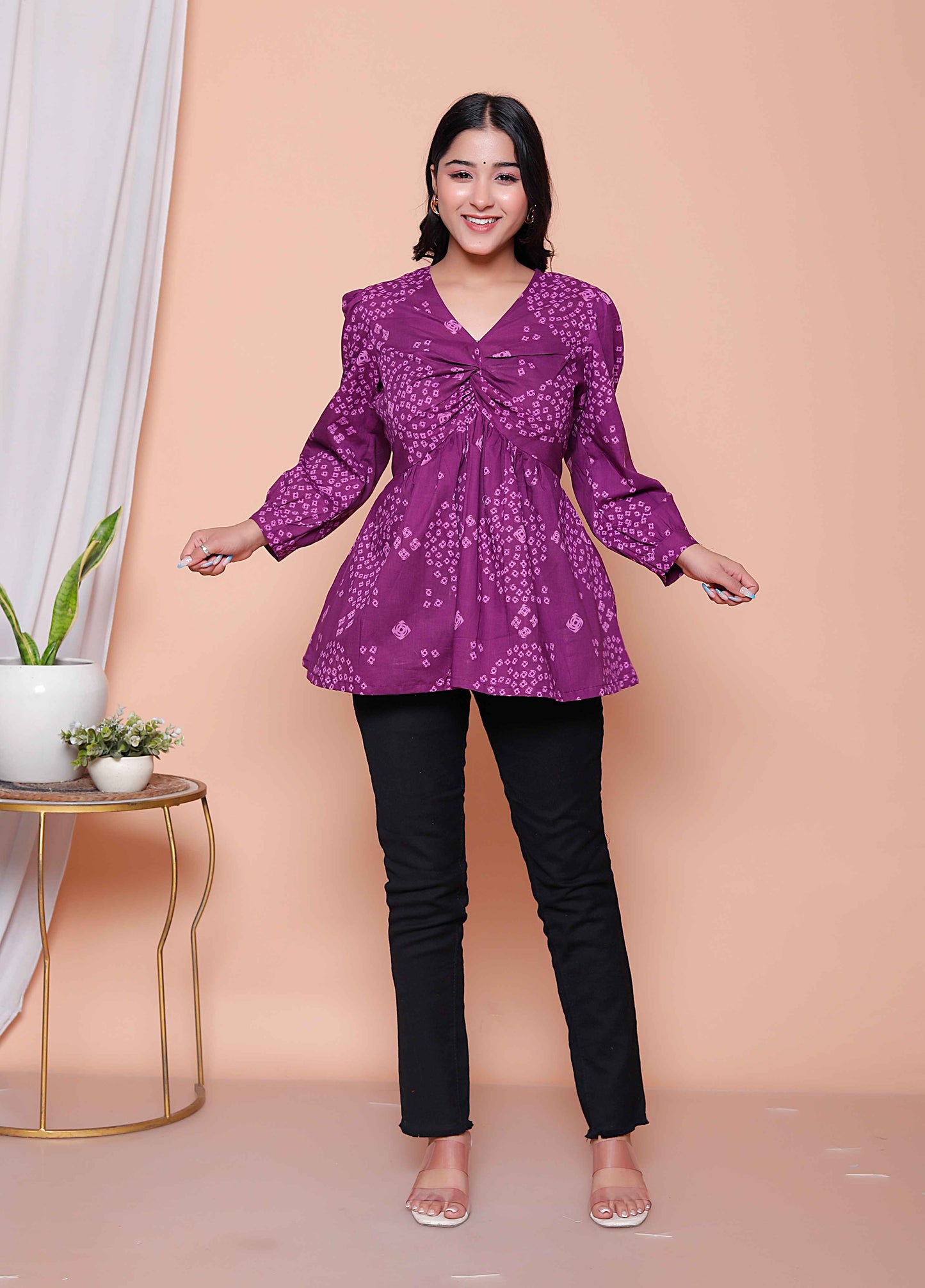 Miravan Womens Purple Bandhani Printed Butterfly Style Top