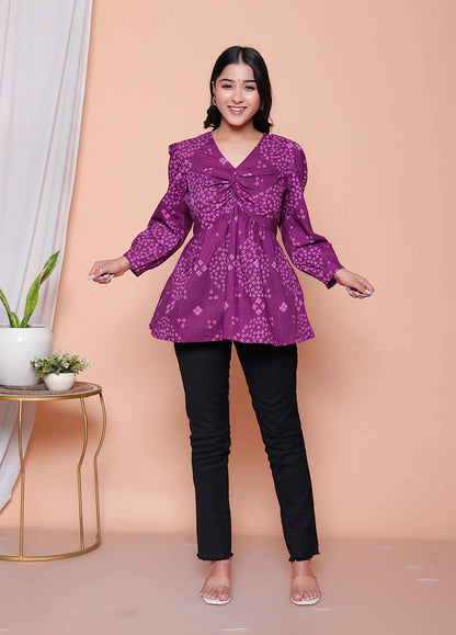 Miravan Womens Purple Bandhani Printed Butterfly Style Top