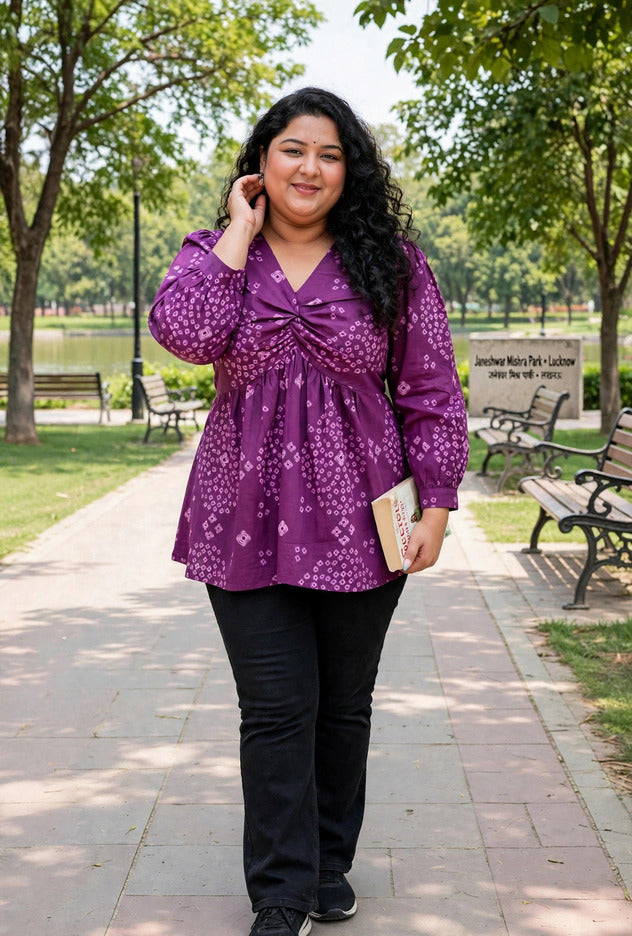 Miravan Womens Plus Size Purple Bandhani Printed Butterfly Style Top