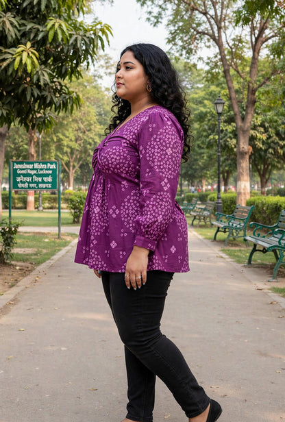 Miravan Womens Plus Size Purple Bandhani Printed Butterfly Style Top