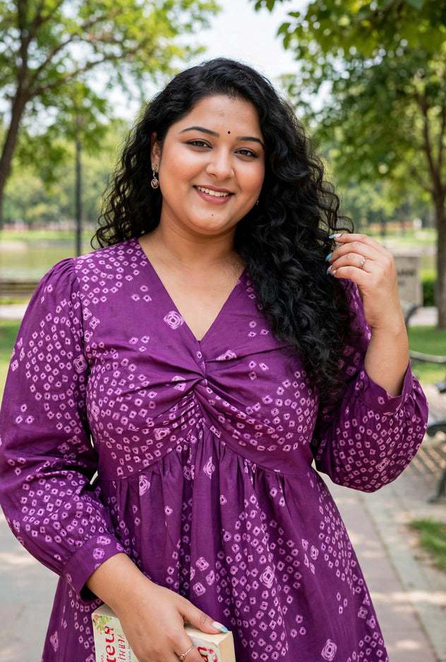 Miravan Womens Plus Size Purple Bandhani Printed Butterfly Style Top