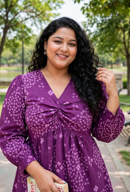 Miravan Womens Plus Size Purple Bandhani Printed Butterfly Style Top