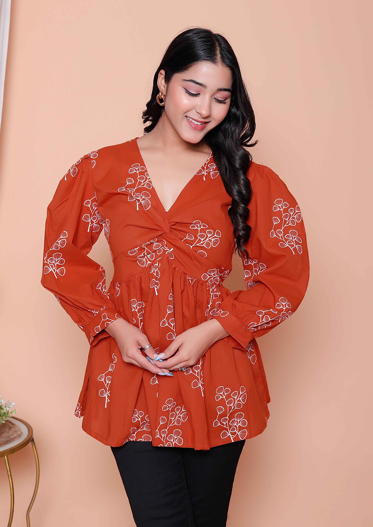 Miravan Womens Rust Floral Printed Balloon Sleeves V Neck Butterfly  Top