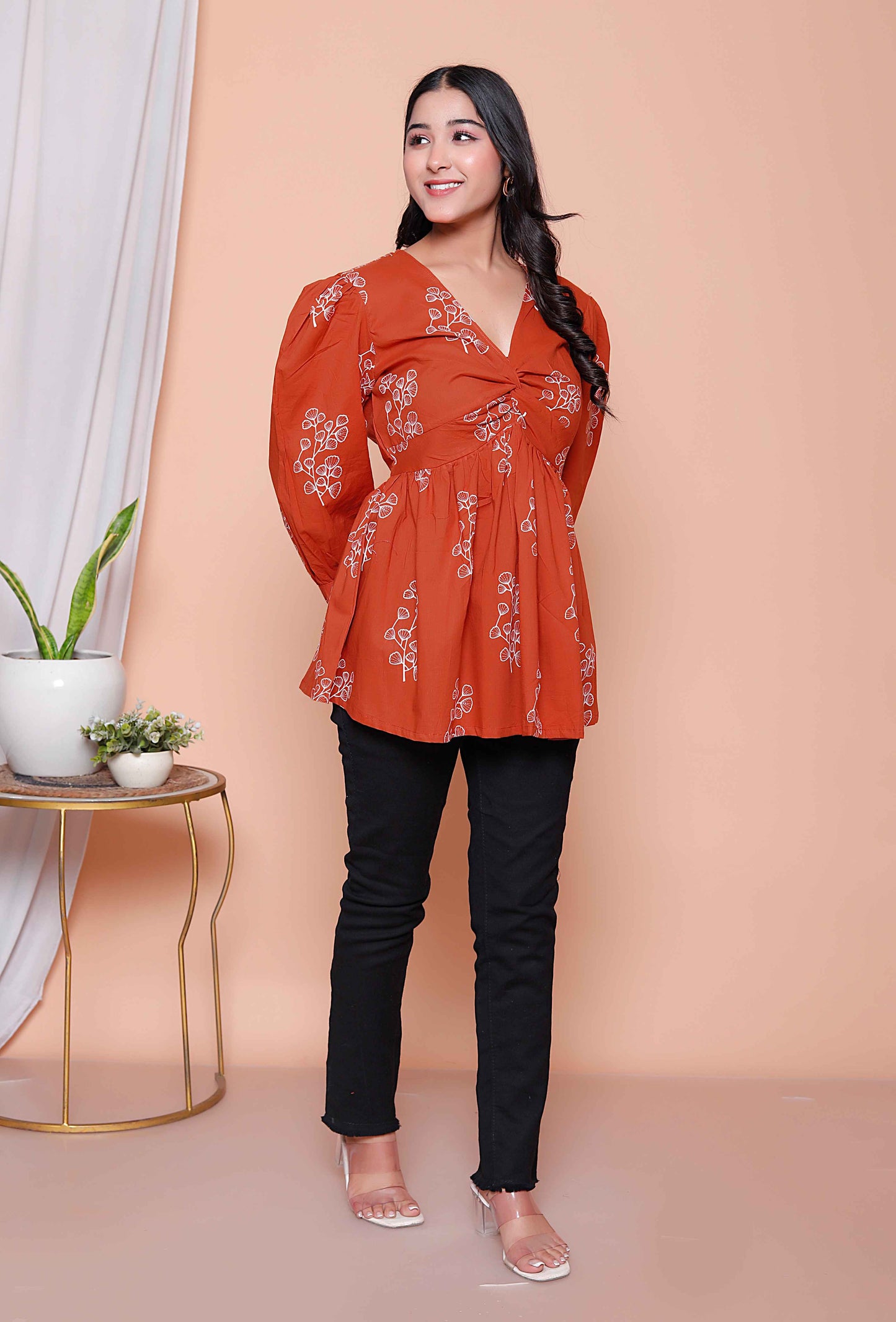 Miravan Womens Rust Floral Printed Balloon Sleeves V Neck Butterfly  Top