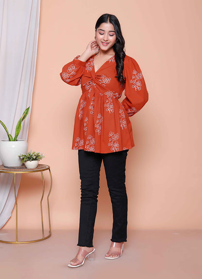 Miravan Womens Rust Floral Printed Balloon Sleeves V Neck Butterfly  Top