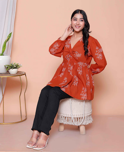 Miravan Womens Rust Floral Printed Balloon Sleeves V Neck Butterfly  Top