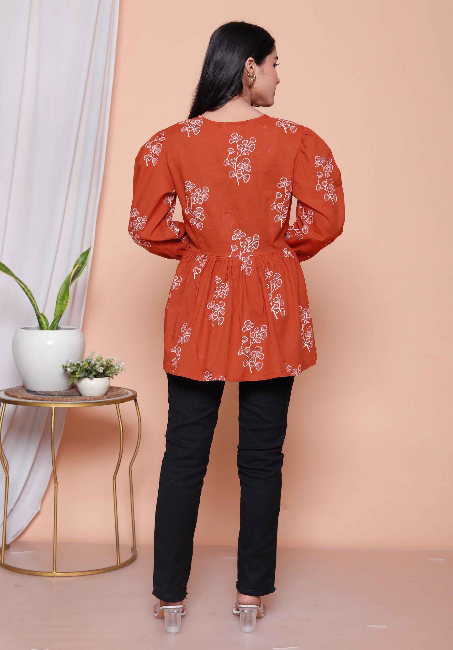 Miravan Womens Rust Floral Printed Balloon Sleeves V Neck Butterfly  Top