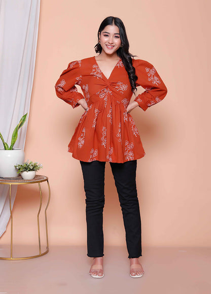 Miravan Womens Rust Floral Printed Balloon Sleeves V Neck Butterfly  Top