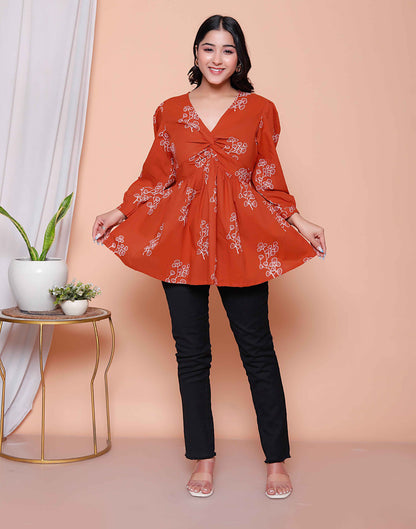 Miravan Womens Rust Floral Printed Balloon Sleeves V Neck Butterfly  Top