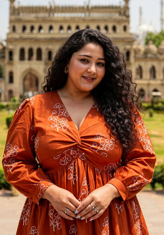 Miravan Womens Plus Size Rust Floral Printed Balloon Sleeves V Neck Butterfly  Top