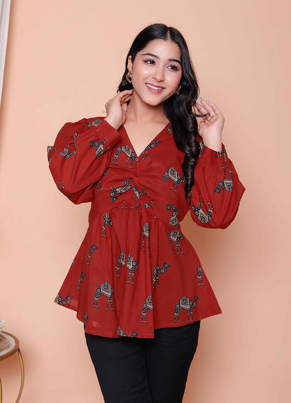 Miravan Womens Brown Animal  Printed Balloon Sleeves V Neck Butterfly  Top