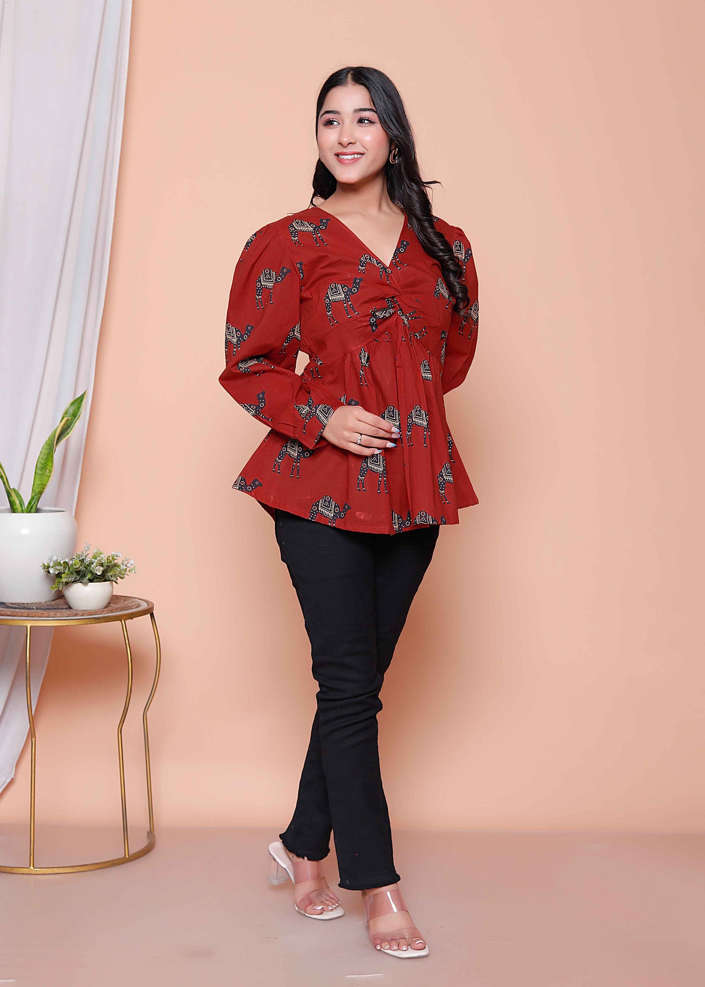 Miravan Womens Brown Animal  Printed Balloon Sleeves V Neck Butterfly  Top