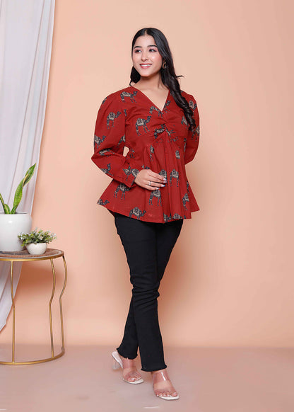 Miravan Womens Brown Animal  Printed Balloon Sleeves V Neck Butterfly  Top