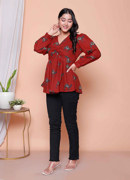 Miravan Womens Brown Animal  Printed Balloon Sleeves V Neck Butterfly  Top