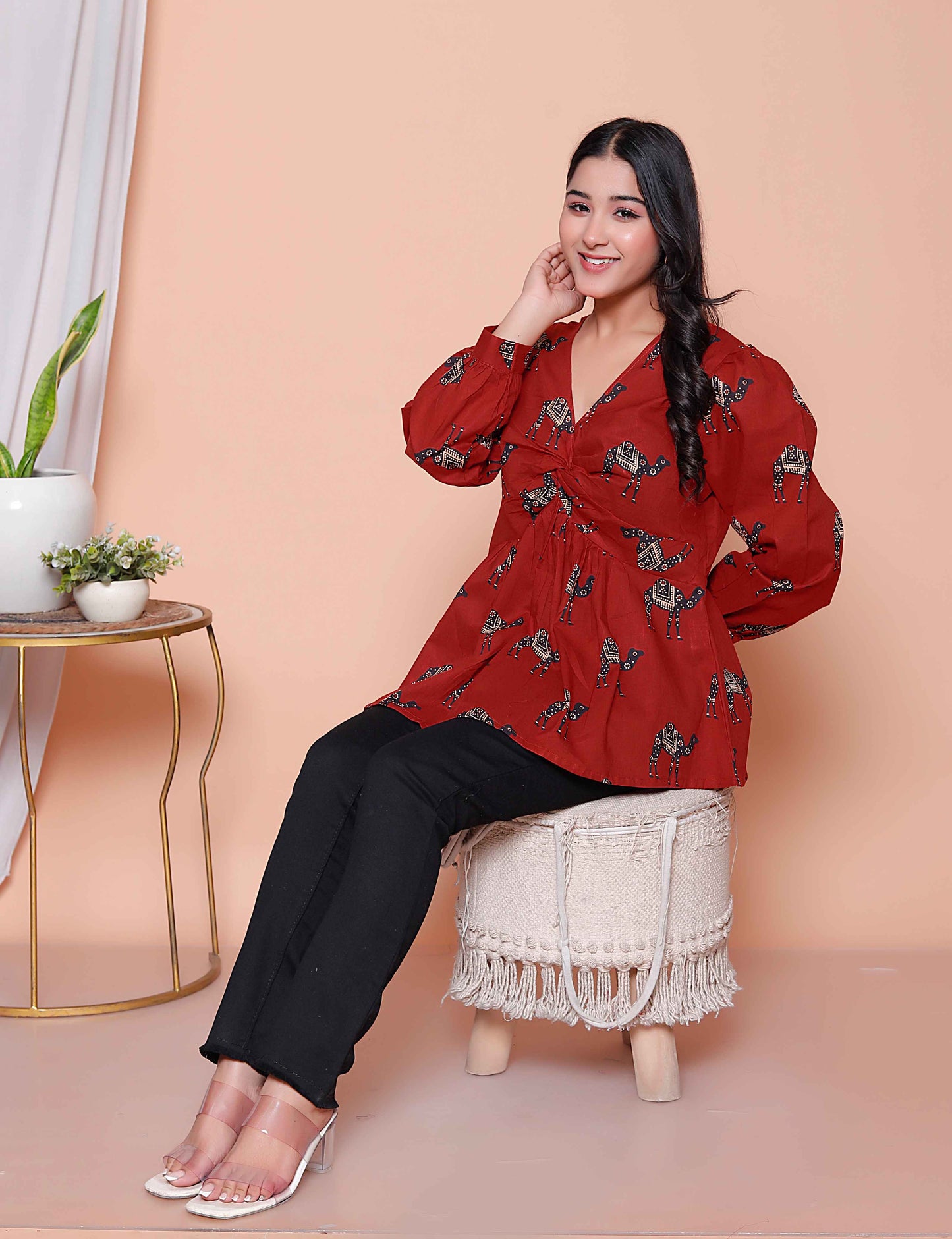 Miravan Womens Brown Animal  Printed Balloon Sleeves V Neck Butterfly  Top