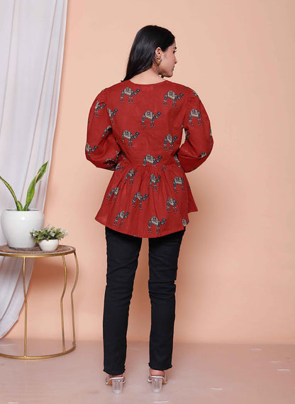 Miravan Womens Brown Animal  Printed Balloon Sleeves V Neck Butterfly  Top