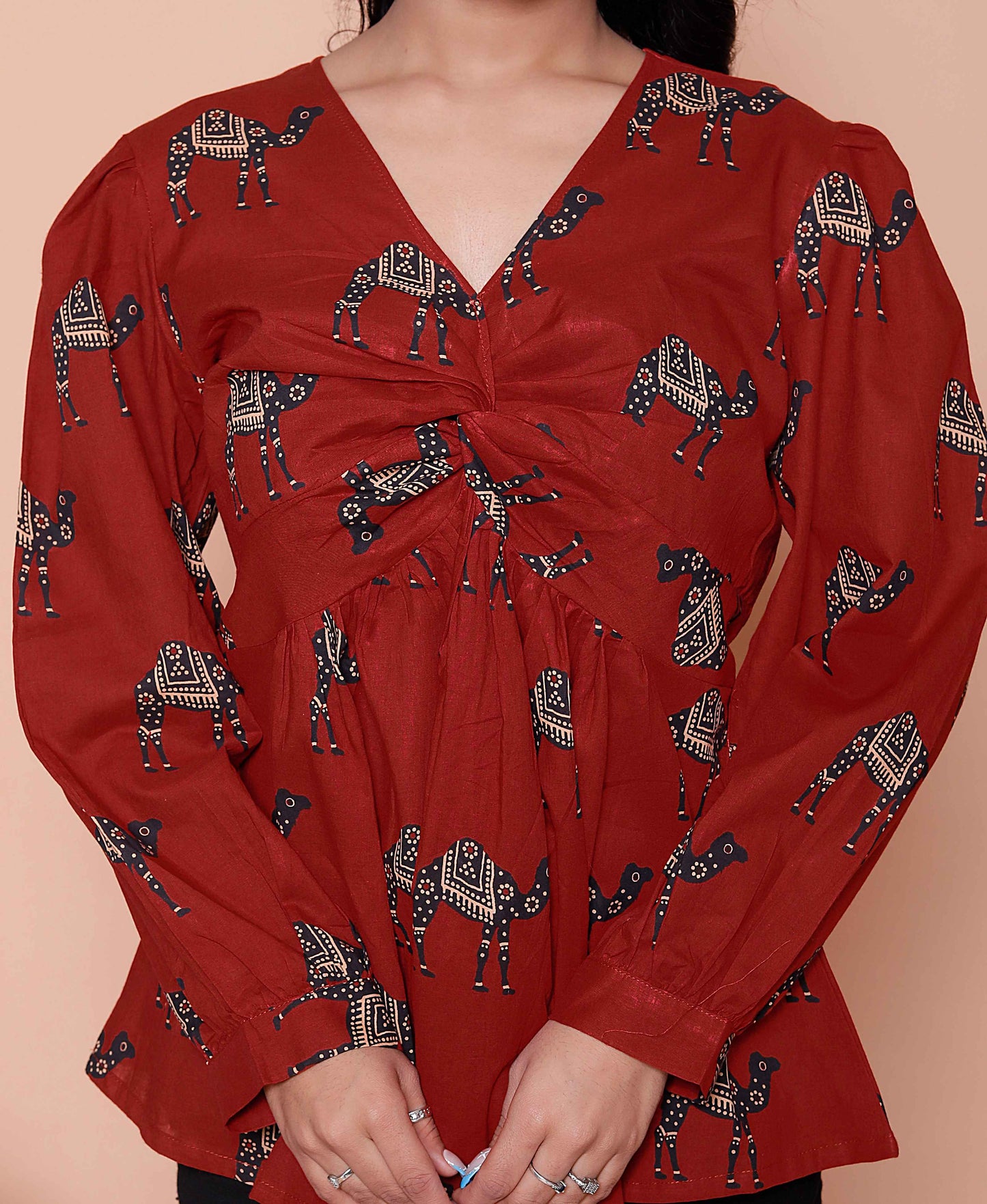 Miravan Womens Brown Animal  Printed Balloon Sleeves V Neck Butterfly  Top