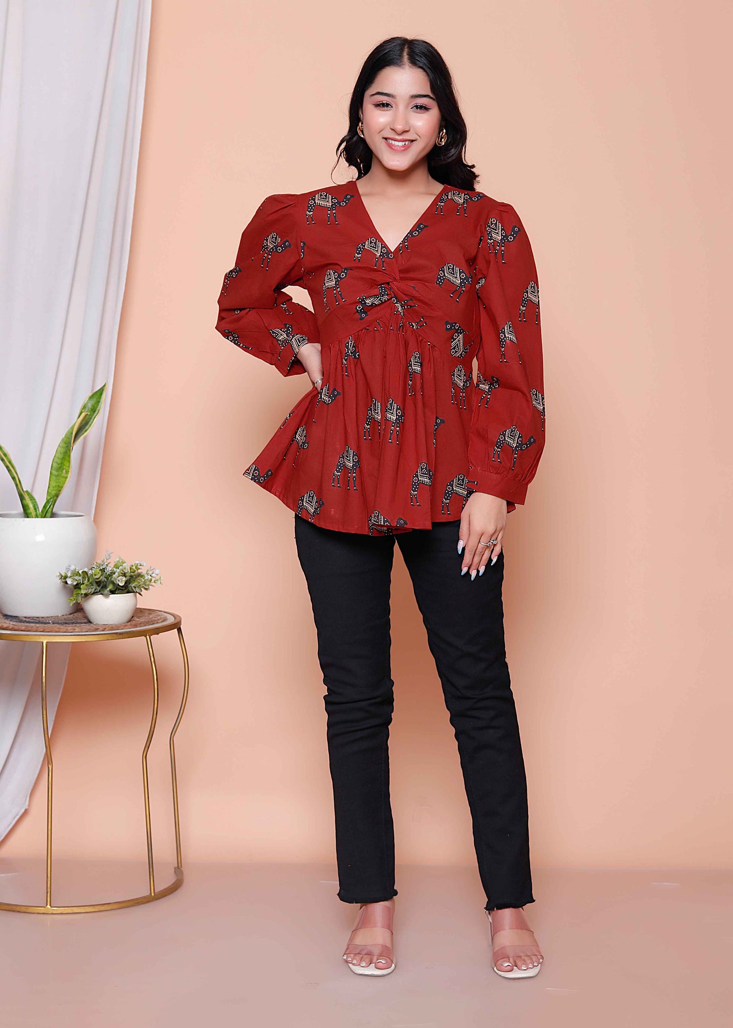 Miravan Womens Brown Animal  Printed Balloon Sleeves V Neck Butterfly  Top