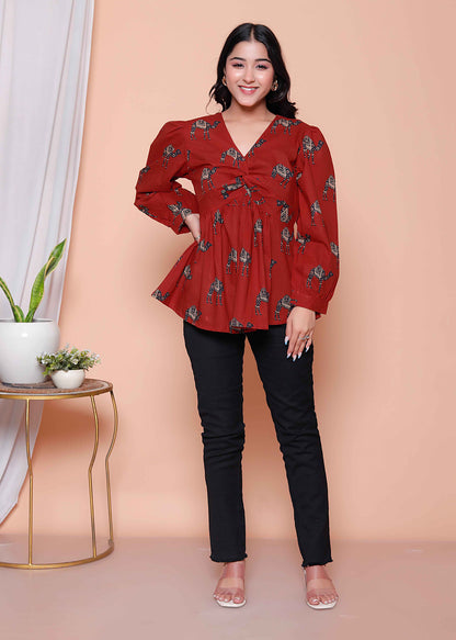 Miravan Womens Brown Animal  Printed Balloon Sleeves V Neck Butterfly  Top