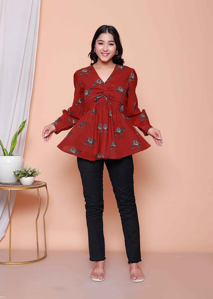 Miravan Womens Brown Animal  Printed Balloon Sleeves V Neck Butterfly  Top