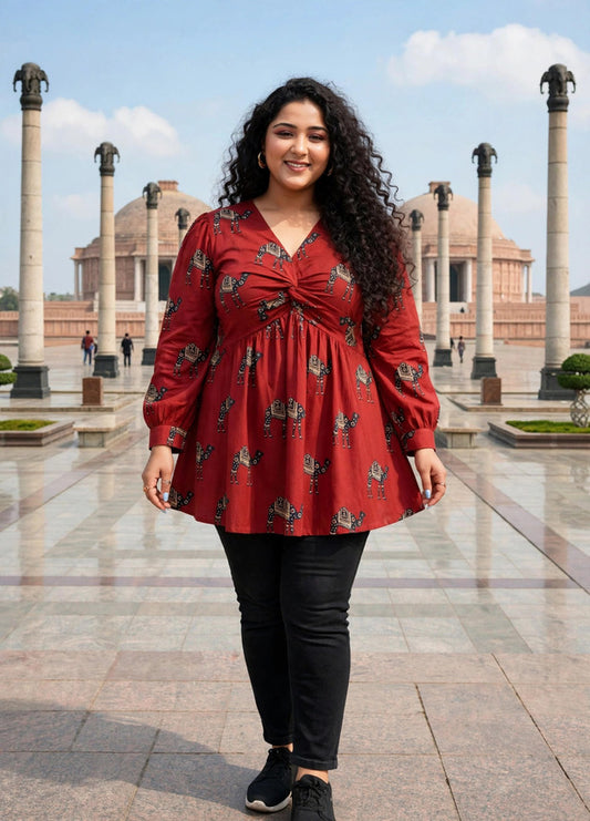 Miravan Womens Plus Size Brown Animal  Printed Balloon Sleeves V Neck Butterfly  Top