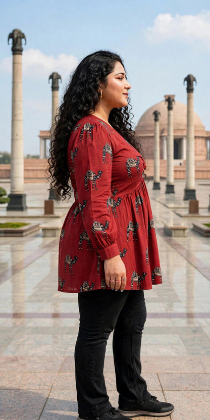 Miravan Womens Plus Size Brown Animal  Printed Balloon Sleeves V Neck Butterfly  Top