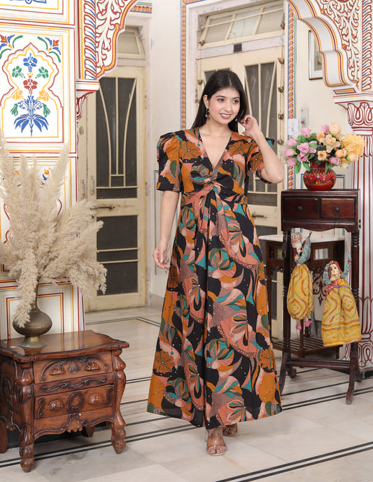 Miravan Womens Pure Cotton Black Puff Sleeve Floral printed Butterfly Maxi Dress