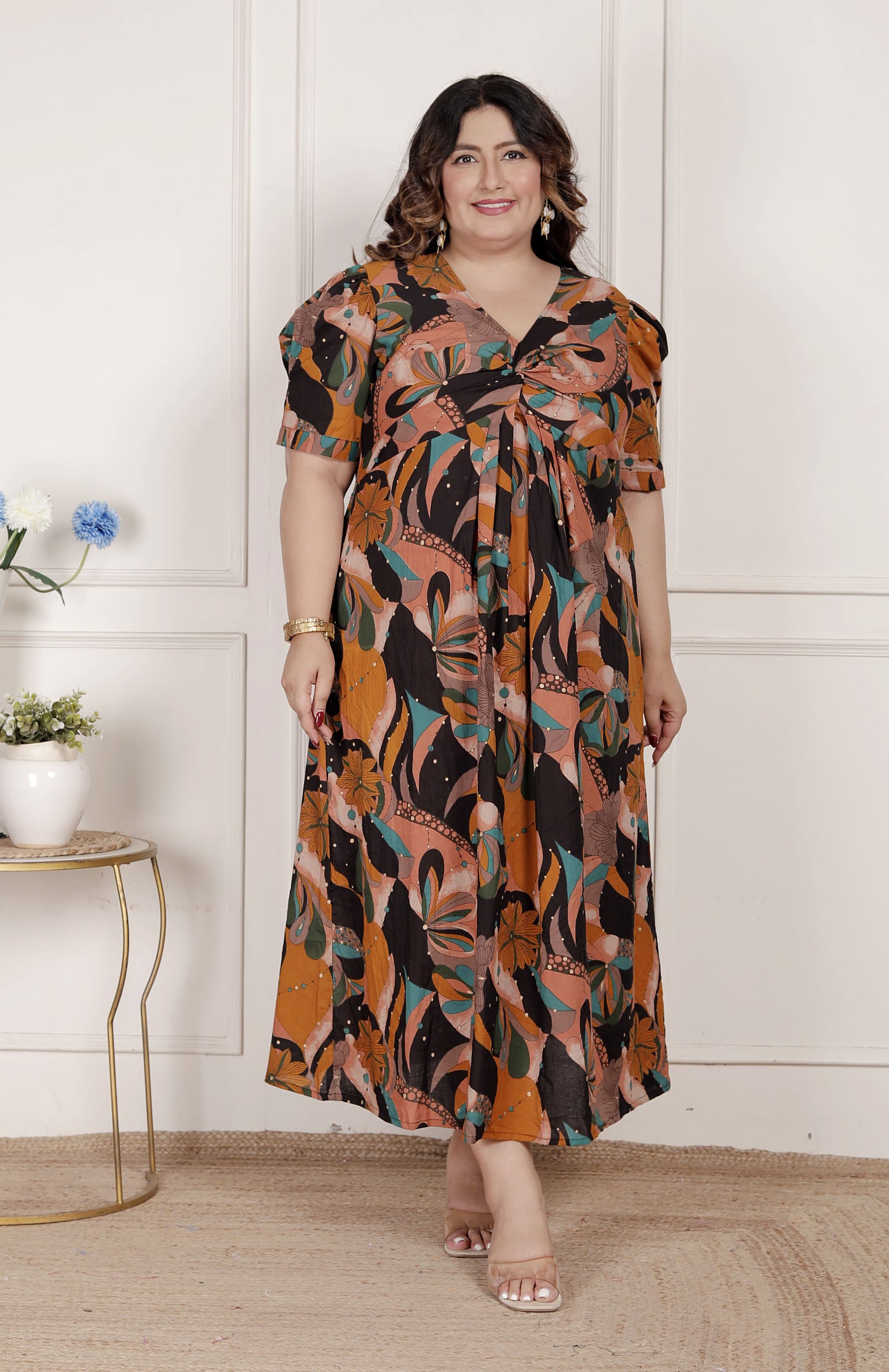 Miravan Womens Plus Size Pure Cotton Black Puff Sleeve Floral printed Butterfly Maxi Dress