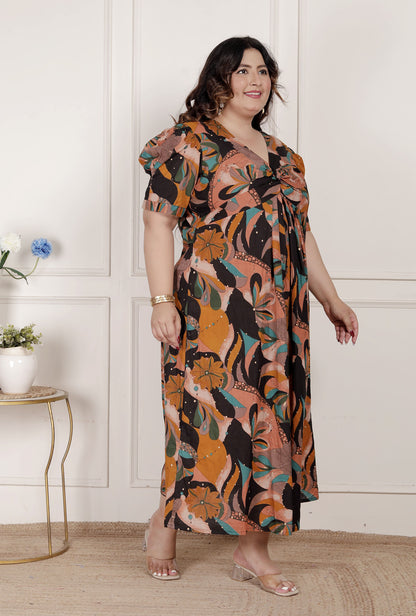 Miravan Womens Plus Size Pure Cotton Black Puff Sleeve Floral printed Butterfly Maxi Dress
