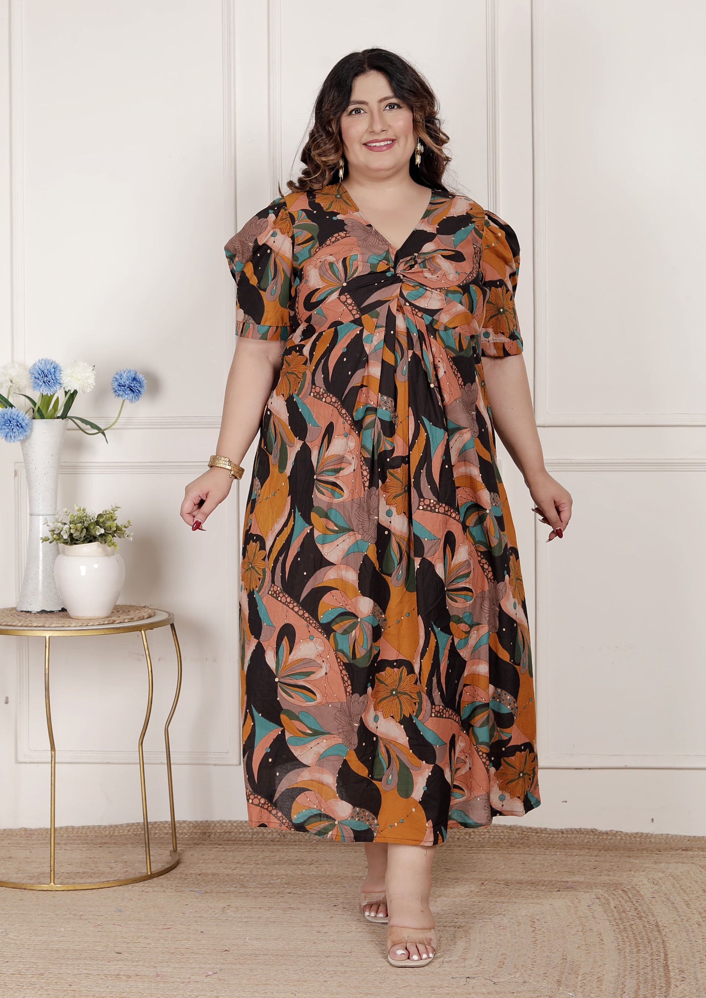 Miravan Womens Plus Size Pure Cotton Black Puff Sleeve Floral printed Butterfly Maxi Dress