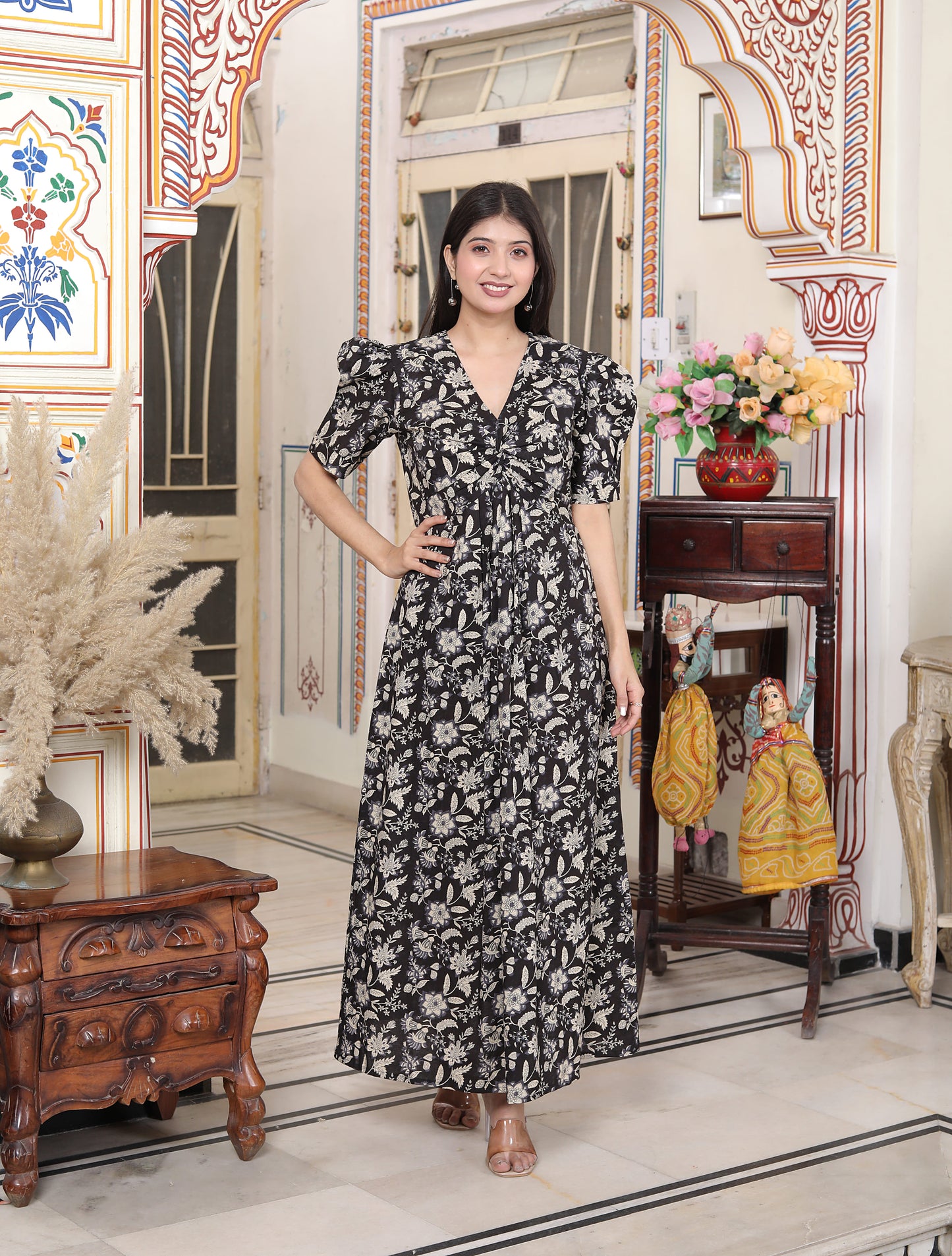 Miravan Womens Pleated Puff Sleeve Floral Pure Cotton Black And White Butterfly Maxi Dress