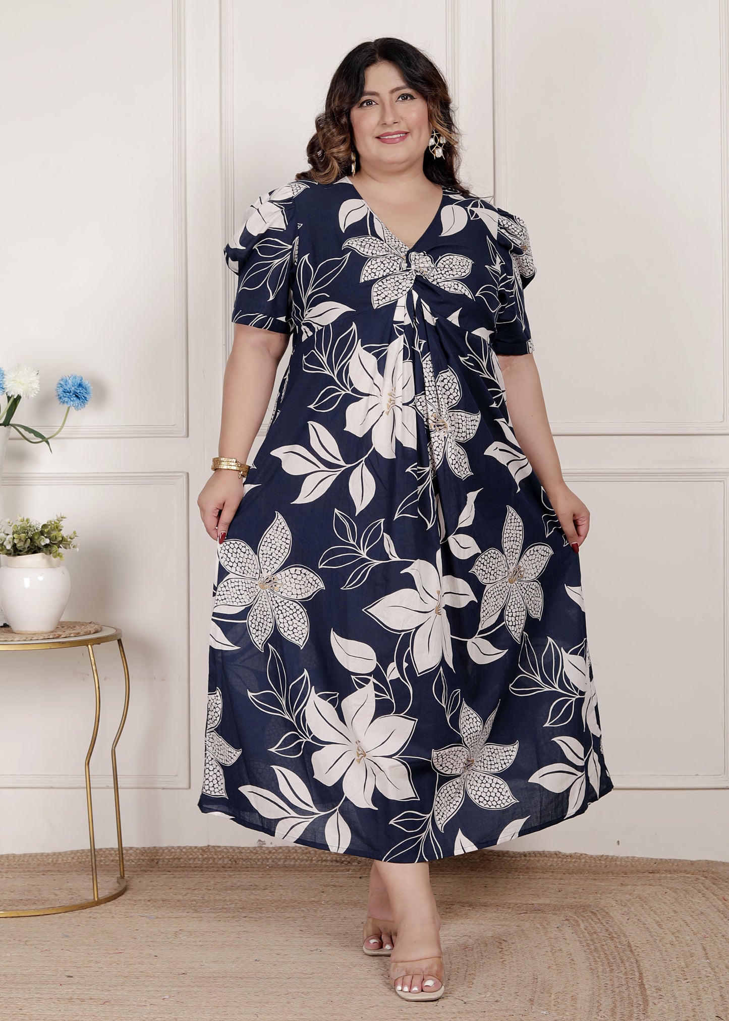 Miravan Womens Plus Size Blue Flower Printed Puff Sleeve Pure Cotton Fit V Neck Butterfly Middi Dress